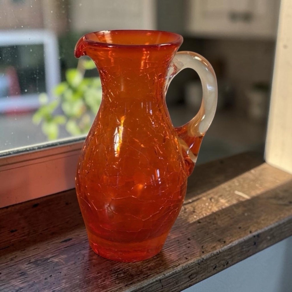 Vintage Tangerine Red Crackle Glass Mini Pitcher Clear Handle 4" MCM WV Glass